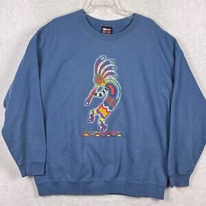 VTG Kokopelli Sweatshirt XL Blue Oversized Native Tribal Aztec Southwest 90s USA